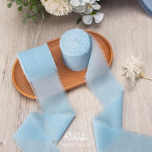 Baby Blue Chiffon Ribbon 2 Inch x 20 Yard Handmade Fringe Chiffon Silk Ribbon Blue Ribbon for Gifts Wrapping (60 Foot)