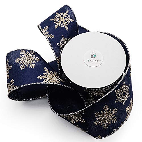 Navy Satin Gold Snowflake Wired Ribbon 2.5 Inch x 10 Yards for Christmas Home Decor Tree Topper Bow Gift Wrapping DIY Crafts Wreath Garland (30 Foot)