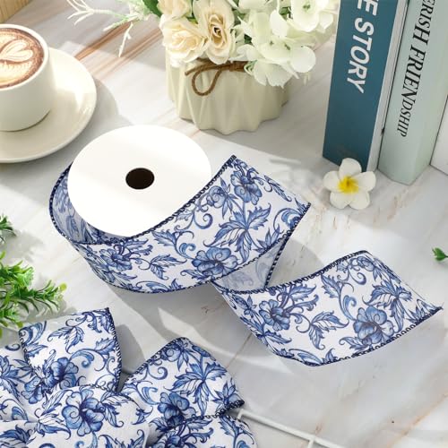 Blue White Floral Wired Edge Ribbon Roll Vintage Watercolor Flower Craft Ribbon Chinoiserie Fabric Ribbons for Wreath Bow Making DIY Craft Wrapping Party Supplies