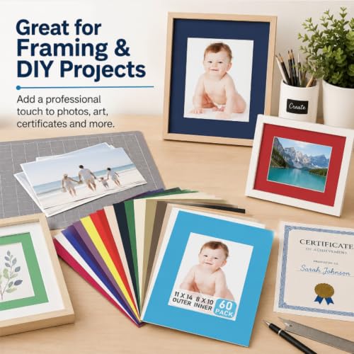 60 Pack Picture Mats 11 x 14 Inch Frame Mattes Matting with Acid Free Pre Cut Mattes White Core Bevel Cut Mats for 8 x 10 Pictures for Home Gallery Wall Hanging Art Decoration (60 Count)