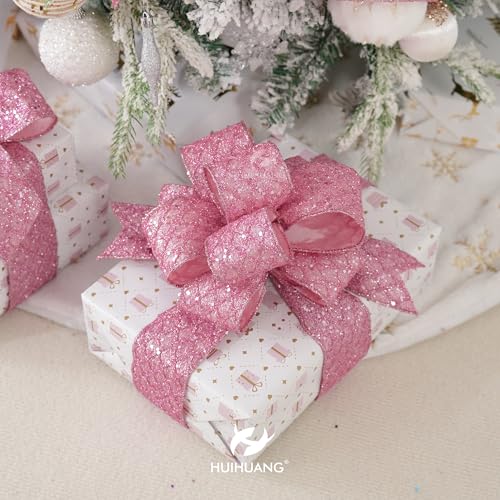 Pink Glitter Diamond Wired Christmas Ribbon 4 inch x 10 Yards (30 Foot)