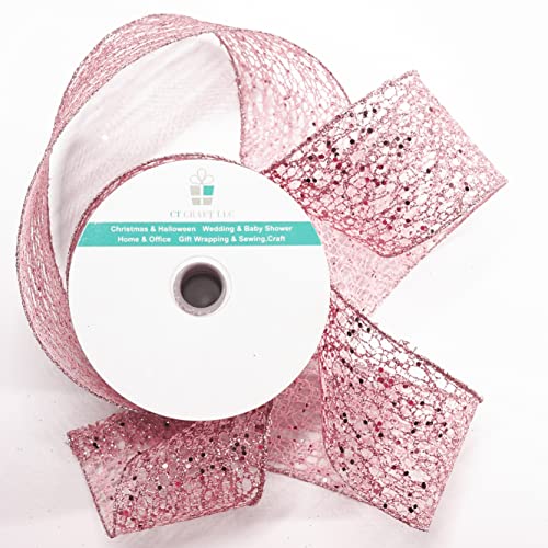 Sparkling Glitter Mesh Wired Ribbon 2.5" x 10 Yards Rose Gold for Christmas Home Decor Bow Gift Wrapping DIY Crafts Wreath (30 Foot)