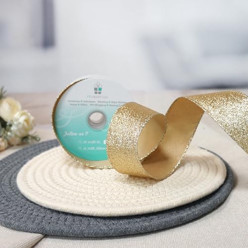 Glitter Wired Ribbon 1.5" x 10 Yards Light Gold for Christmas Home Decor Bow Gift Wrapping DIY Crafts Wreath (30 Foot)