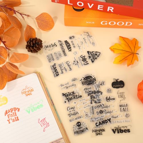 4 Sheets Holiday Clear Stamps Fall Halloween Christmas Nativity Scene Greeting Words Silicone Transparent Stamps for Autumn DIY Craft Card Making Scrapbooking Embossing Album Decor (4 Count)
