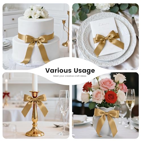 1-1/2 Inch 100 Yards Satin Ribbon Champagne Gold, Solid Color Fabric Ribbon for Gift Wrapping, Wedding, Polyester Gift Ribbon for Birthday Party Decoration, Craft, Hair, Floral, Sewing (300 Foot)