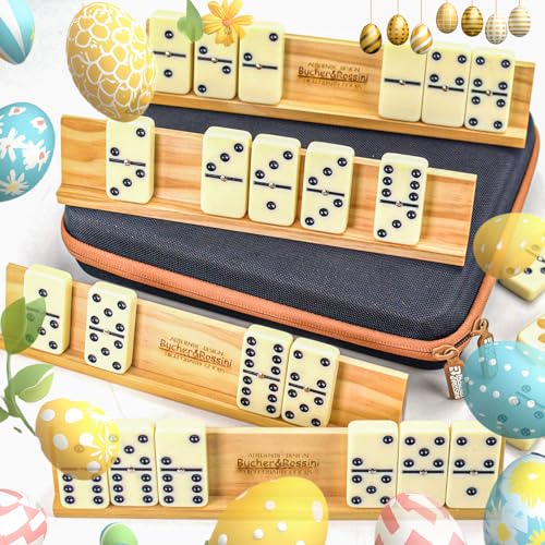 Dominos Set for Adults with 4 Domino Racks Double Six Dominoes Set in Portable Case with 4 Wooden Domino Holders in EVA Hard Case Sturdy and Easy to Carry Ideal Gift Present