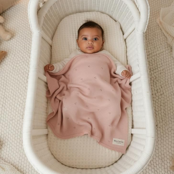 100% Luxury Organic Cotton Pointelle Knit Baby Quilt Blanket for Girls