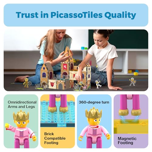 70pc Middle Age Medieval and Castle Theme Tile 2in1 8 Character Action Figures Magnet Tiles Building Block Pretend Magnetic Play Fine Motor Skill STEM Educational Construction Age3+ PTQ01