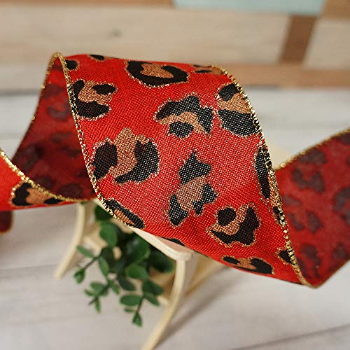 Burlap Leopard Fabric Wired Ribbon 2.5" x 10 Yards Red with Black and Gold Color for Christmas Home Wedding Decor Gift Wrapping Tree Topper Bow Wreath Bouquet DIY Crafts (30 Foot)