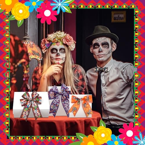 12 Rolls 60 Yard Day of the Dead Wired Ribbon for Wreath Craft Bow (12 Count)