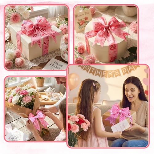 12 Rolls Mother's Day Wired Edge Ribbon for Wreaths 2 Inch x 60 Yards Pink Burlap Stripe Ribbons Happy Mother's Day Love You Mom Floral Decorative for Bow Wreath DIY Craft Gift Wrapping Decor (12 Count)