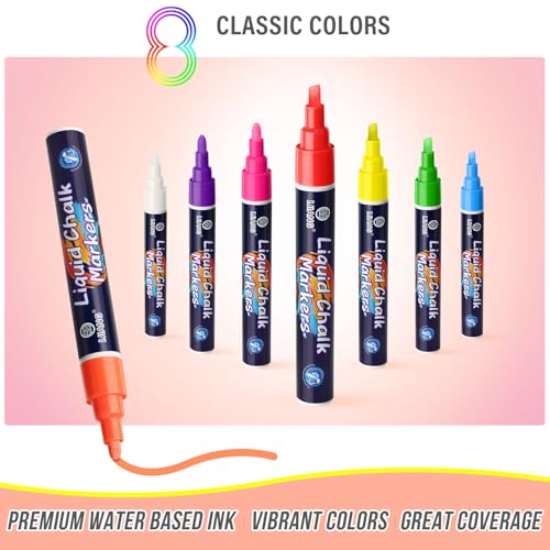Chalk Markers 8 Vibrant Colors Set for Blackboard & Glass Surfaces (8 Count)