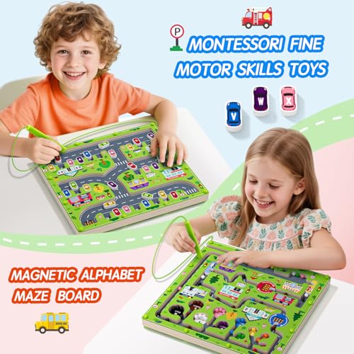 2 in 1 Magnetic Color and Number Maze Magnet Alphabet Counting Double Sided Board Wood Puzzle Fine Motor Skills Montessori Preschool Toys Gifts for Boys and Girls 3