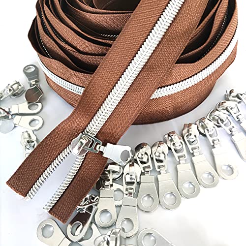 5 Metallic Silver Nylon Coil Zippers by the Yard Bulk 10 Yards Brown Zipper Tape with 25pcs Silver Sliders for DIY Sewing Tailor Craft Bag