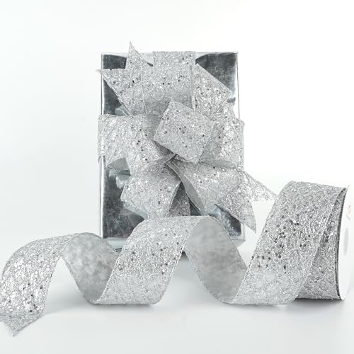 Silver Glitter Wired Christmas Tree Ribbon 2.5 inch x 10 Yards (30 Foot)