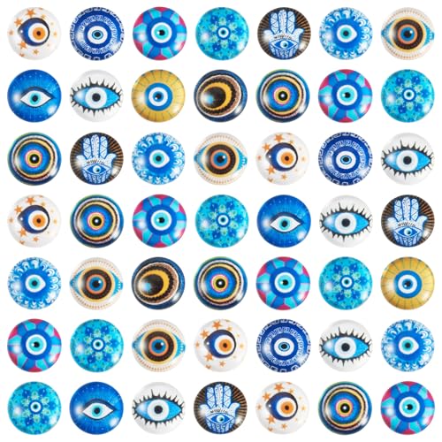 100Pcs 12mm Transparent Evil Eye Glass Cabochons Mixed Blue Eyes Cameo Dome Tiles Flat Back Glass Covered Dome Tiles for DIY Bracelets Necklace Scrapbooking Art Crafts (100 Count)