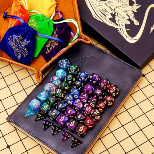 DND Dice Set 42 Pcs Polyhedral Dungeons and Dragons Rolling Dice for D&D RPG MTG Table Games Dice Bulk with Colorful Drawstring Bags and Dice Tray (49 Count)