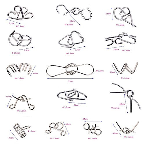 Metal Wire Puzzles Set of 16 with Pouch Large Thick IQ Test Mind Games Toys Brain Teaser Puzzles Metal Wire Magic Trick Toy Metals IQ Puzzle Fidget Toys Party Favors for Kids Adults (16 Count)