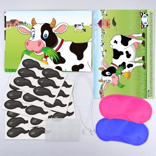 Pin The Tail on The Cow Game with 30 Tail Stickers for Farm Birthday Supplies Pin Game