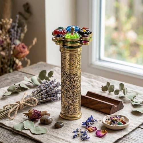 Handcrafted Etched Floral Pattern Lacquered Brass Kaleidoscope Includes Two Separate Turning Wheels