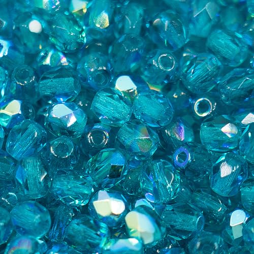 1.8oz (50g, Approx. 600 Beads) Faceted Fire Polished Pressed Czech Glass Beads 4mm (0.16in), Aqua Blue AB 60150 27801 (600 Count)
