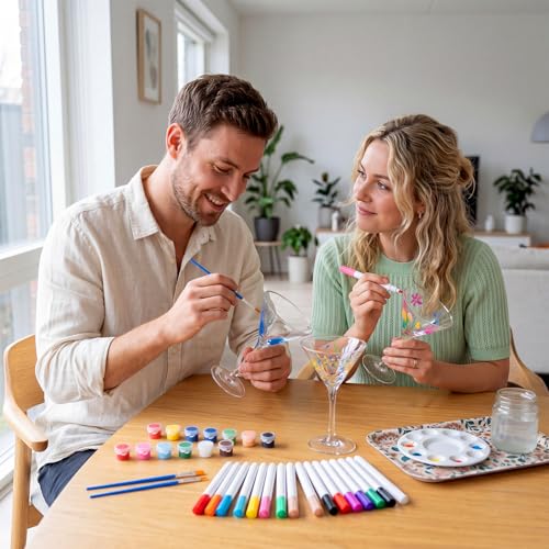 4 Sets Paint Your Own Martini Glasses DIY Kit Personalized Wine Glass Kit with 12 Colors Acrylic 12 Colors Markers Pens Design Your Own Martini Glass for Craft Decoration (4 Count)