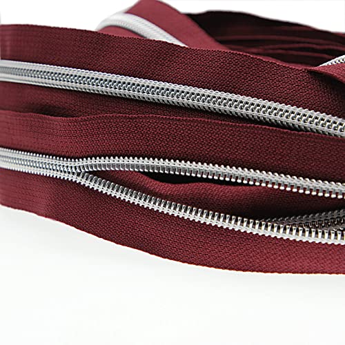 5 Metallic Silver Nylon Coil Zippers by The Yard Bulk 10 Yards Wine Color Zipper Tape with 25pcs Silver Sliders for DIY Sewing Tailor Craft Bag