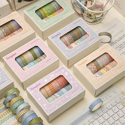 20 Rolls Basic Washi Tape Set Japanese Arts Adhesive Tapes Simple Patterns Decorative Masking Tape Sets for Craft (20 Count)