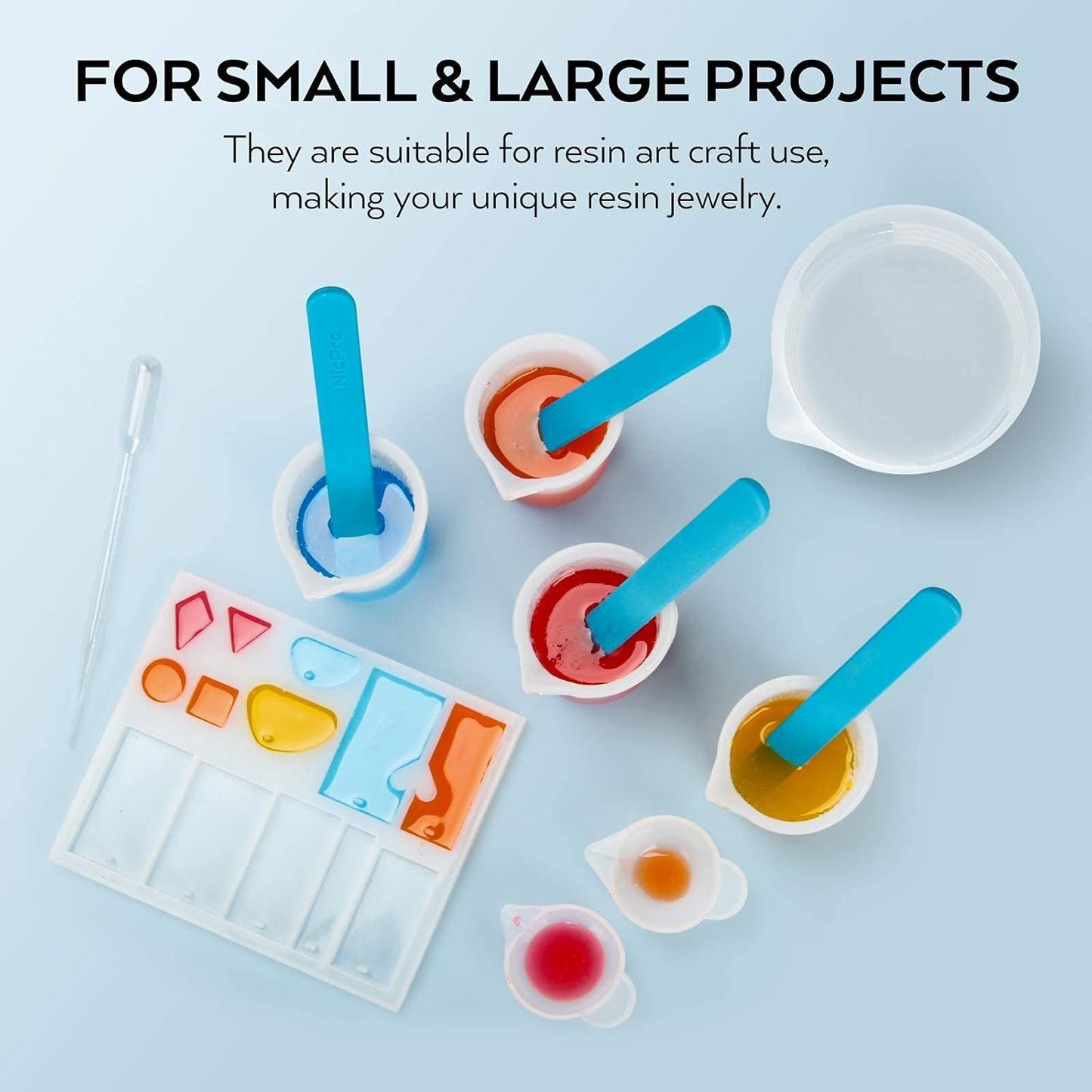 Silicone Resin Measuring Cups Tool Kit- Nicpro 250 & 100 ml Measure Cups, Silicone Popsicle Stir Sticks, Pipettes, Finger Cots for Epoxy Resin Mixing, Molds, Jewelry Making, Waxing, Easy Clean