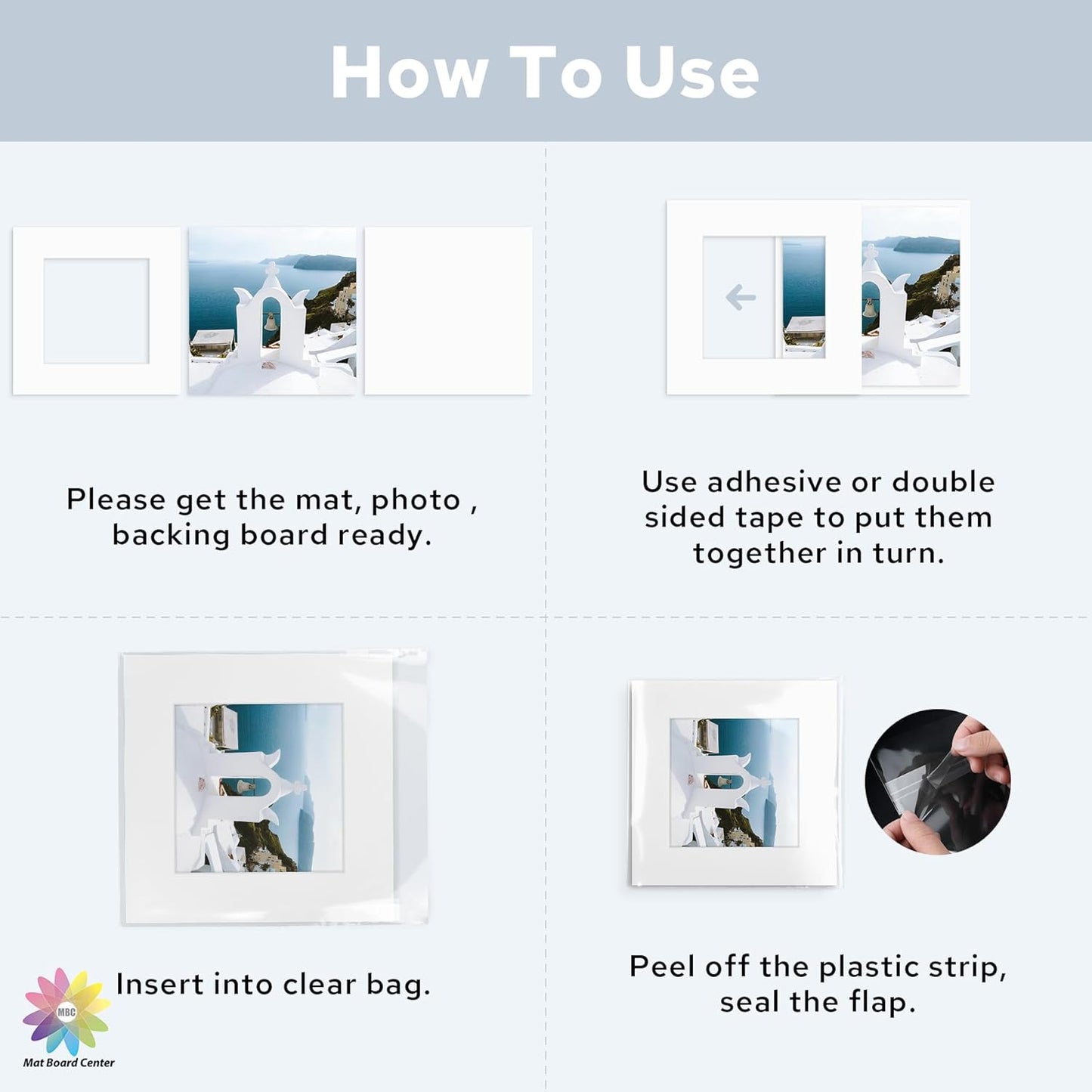 Mat Board Center, Pack of 25, 12x12 for 8x8 White Mat Kit - Acid Free, 4-ply Thickness, White Core - Includes Backing Boards and Clear Bags - for Pictures, Photos, Framing