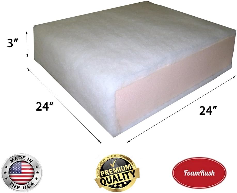 FoamRush 3" x 24" x 24" Seat Cushion Foam with Batting/Dacron (Cushion Seat Replacement) Made in USA - Crafty Corner