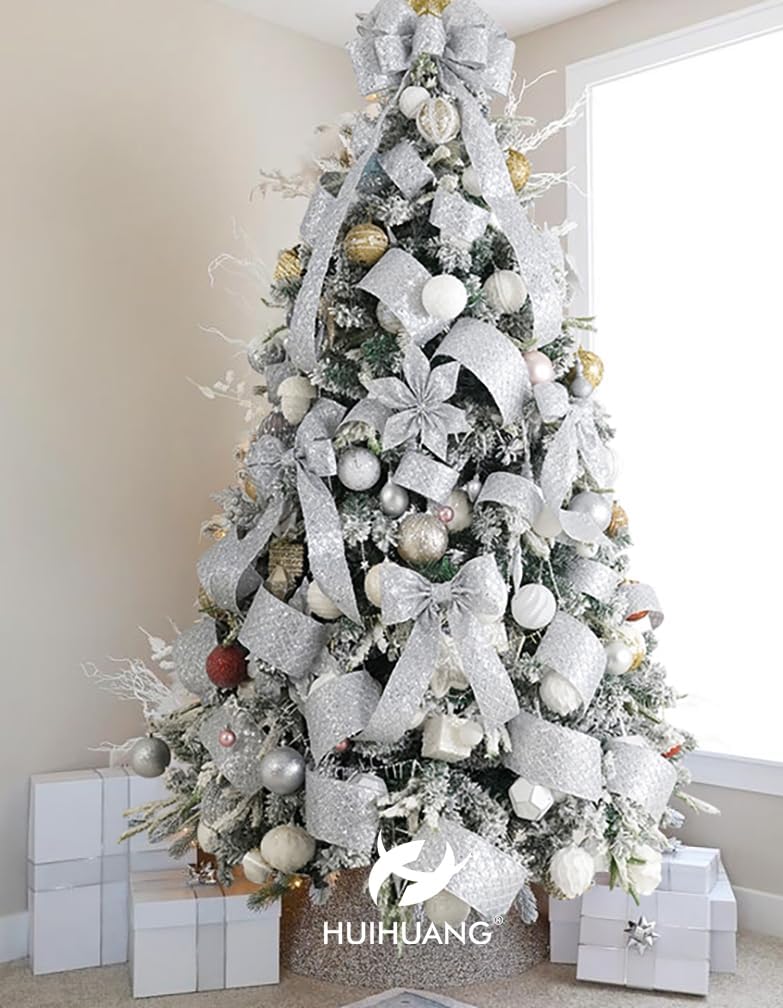 HUIHUANG Silver Christmas Ribbon 4 inch Silver Glitter Wired Ribbon Diamond Mesh Wire Ribbon for X-mas Tree Decorations, Wreaths, Garland, Large Bows Making, Home Decor -10 Yards - Crafty Corner