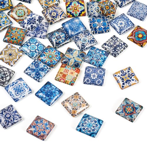 20Pcs 20mm Flower Printed Mosaic Tile Glass Cabochon Square Floral Glass CabochonsVintage Mixed Colors Dome Cabochon for Photo Cameo Pendant Craft Jewelry Making Supplies Craft (20 Count)