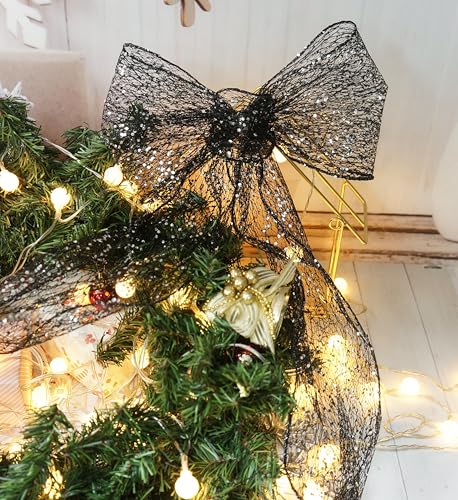 Sparkling Glitter Mesh Wired Ribbon 6" x 10 Yards Black for Christmas Home Decor Bow Gift Wrapping DIY Crafts Wreath (30 Foot)