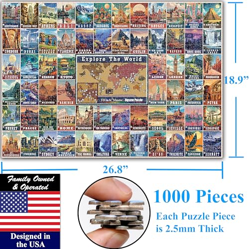 Colorful Vintage World Travel Poster 1000 Pieces Large Format Jigsaw Puzzle for 13+