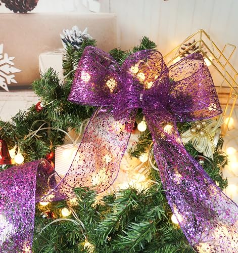 Sparkling Glitter Mesh Wired Ribbon 4" x 10 Yards Purple for Christmas Home Decor Bow Gift Wrapping DIY Crafts Wreath (30 Foot)