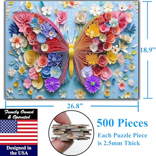 Colorful Vibrant Flower Butterfly 500 Pieces Large Format Jigsaw Puzzle