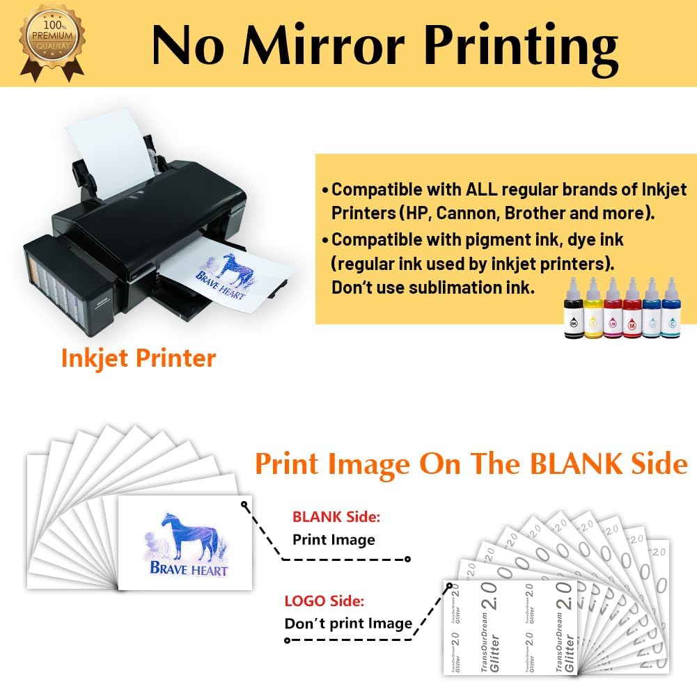 TransOurDream Glitter 2.0 Heat Transfer Paper for Inkjet Printer (20 Sheets, 8.5x11'') Printable Heat Transfer Vinyl for T Shirts Iron on Transfers for Light & Dark Fabrics(TOD-GL2-20)