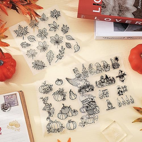 5 Sheet Fall Thanksgiving Clear Stamps Autumn Leaves Pumpkin Gnome Silicone Transparent Stamps Happy Fall Border Stamp Cards for DIY Craft Card Making Scrapbooking Embossing Album Decor (5 Count)