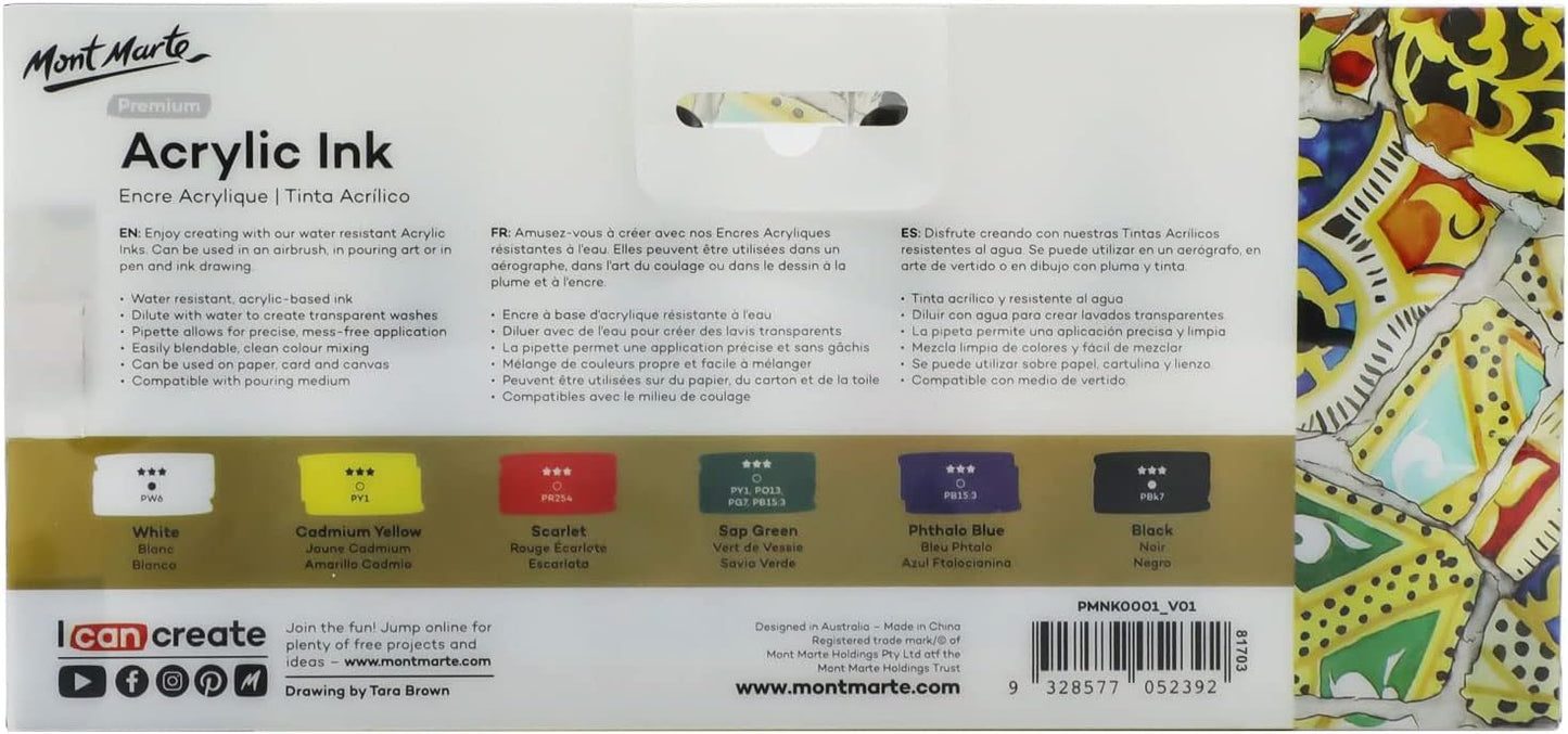 Mont Marte Acrylic Ink Premium 6pc x 20ml (0.7 US fl.oz), Acrylic Inks for Artists, Essential Colors, Ideal for Air Brush, Pouring Art, Scrapbooking, Ink Drawing, Mixed Media - Crafty Corner