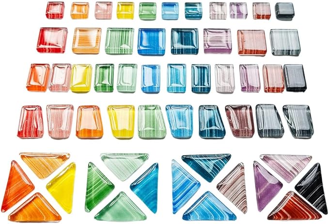 1.1LB Glass Mosaic Tiles for Crafts – Mixed Shape, Vibrant Color, Pre-Cut Smooth Edges for DIY Coasters, Picture Frames, Vases, Candle Holders