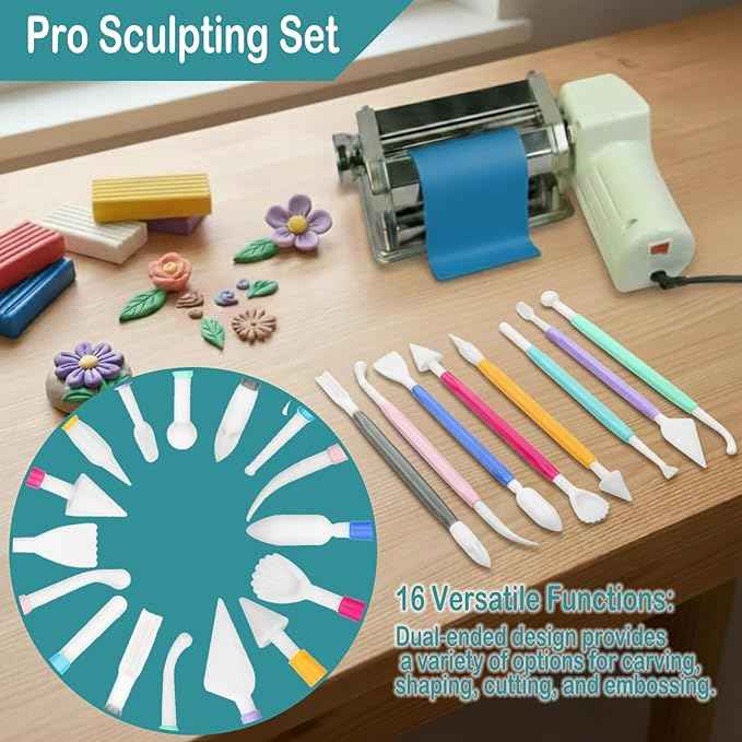 Electric Polymer Clay Roller Machine, Dual Mode Clay Press Machine with 6 Thickness Settings, 60W Motor, Includes 8 Embossing Tools & Clay Tools for Polymer Clay Earring Making