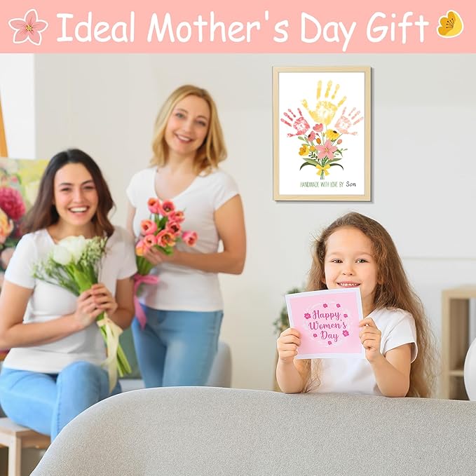QOUBAI Flower Bouquet Handprint Art Craft DIY Kit Mother's Day Gifts from Daughter or Son Children Adults Handprint Keepsake for Mom Grandma Birthday Gifts Christmas (12X16in, with Wood Frame)