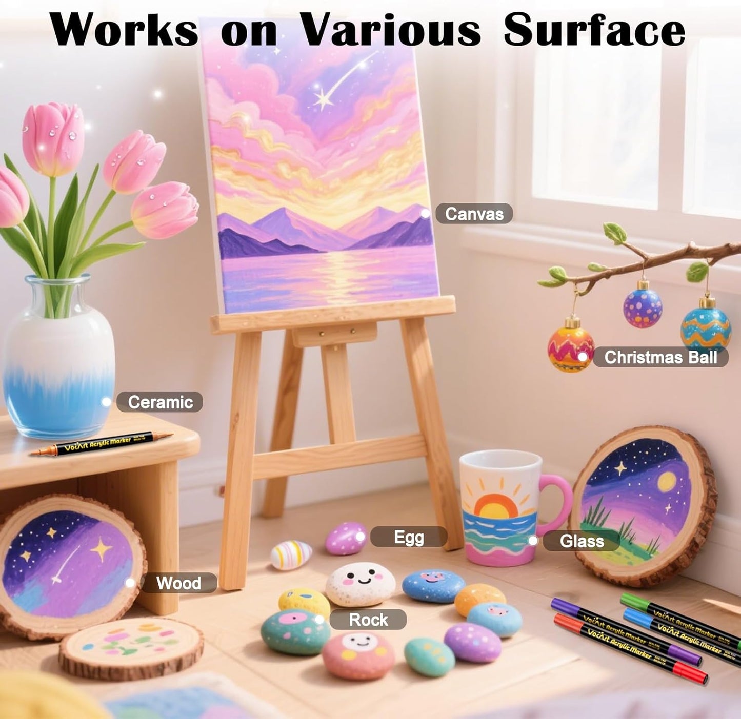 120 Colors Acrylic Paint Markers - 60 Dual Tip Brush Tip Acrylic Paint Markers Pens for Rock, Canvas, Ceramic, Wood, Glass, Paper - DIY Art Supplies for Artists, Kids, Adults, Holiday Decorations