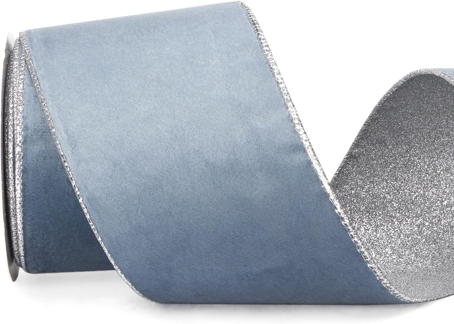 Ribbli Dusty Blue Velvet Wired Ribbon 4 Inch Dusty Blue Velvet with Silver Glitter Christmas Ribbon for Christmas Tree Decoration Big Bow Gift Wrapping Crafts Wreaths Supplies- 10 Yards - Crafty Corner