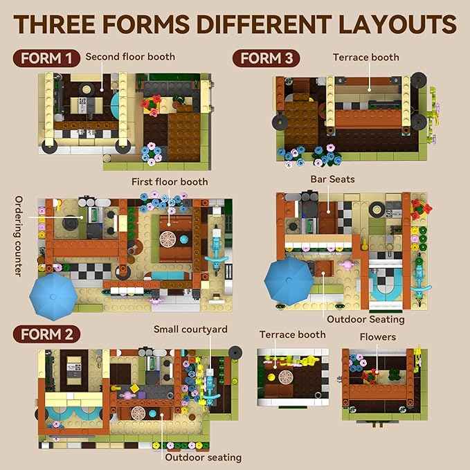 3 in 1 Street View Coffee Shop City Building Set, Compatible with City House Modular Simulation Architecture Construction Toy with LED Lights, Gift for Adults and Girls Kids Aged 8+(875 PCS)