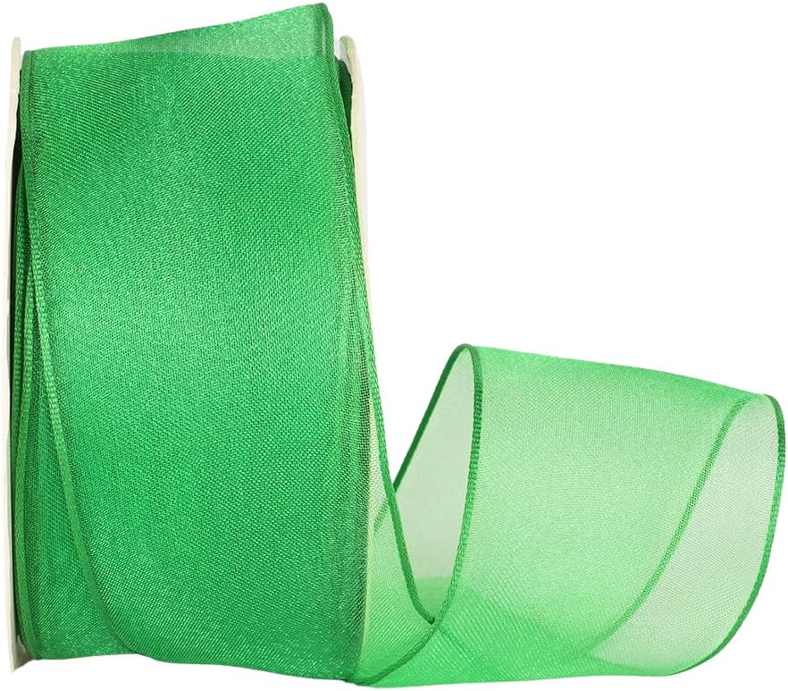 Ribbon Bazaar Sheer Organza Wired Ribbon - 100% Polyester Wire Edged Ribbon for Floral Decor, Table Arrangements, Apparel Embellishment & More - 1-1/2" Emerald 25yd - Crafty Corner