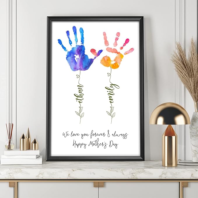 winorax Personalized Mom Gift For Mother's Day Custom Handprint Unframed Poster Wall Art Flower Handprint Gift From Kids For Mom New Mom Custom Name Poster Mom Birthday Pregnancy Announcement Gift