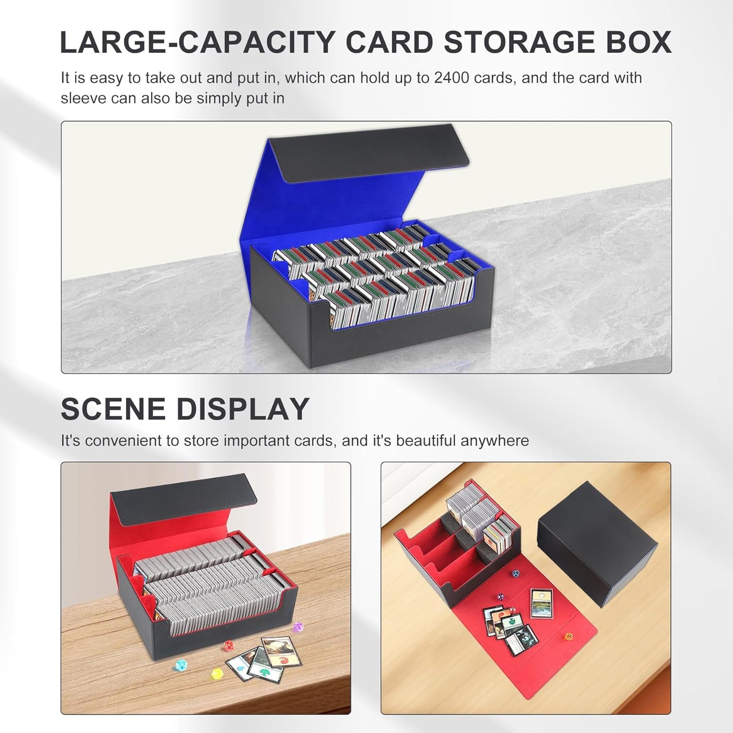 Card Storage Box for Trading Cards,2400+ Leather Magnetic Closure Commander Storage Box,Protectors Fit for YuGiOh, MTG and Sport Cards (Black, gray, 2400+)