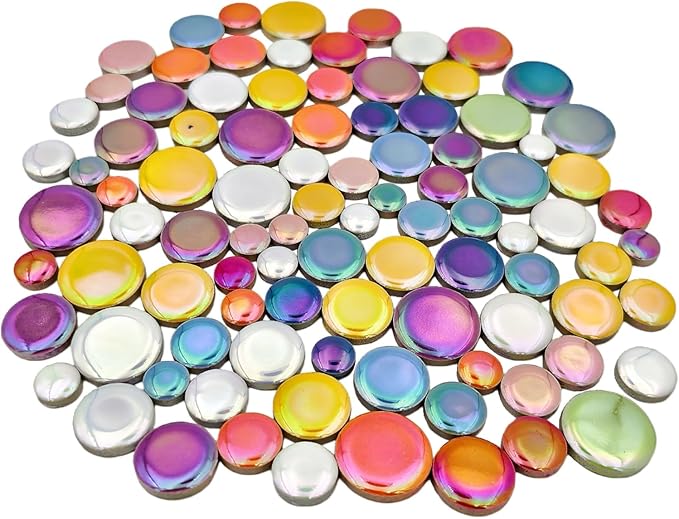 200g Iridescent Round Mosaic Tiles for Crafts Bulk, 11mm-23mm 4 Size Circular Mosaic Ceramic Pieces for Vases, Garden Decor, DIY Mosaic Making (Multicolor)